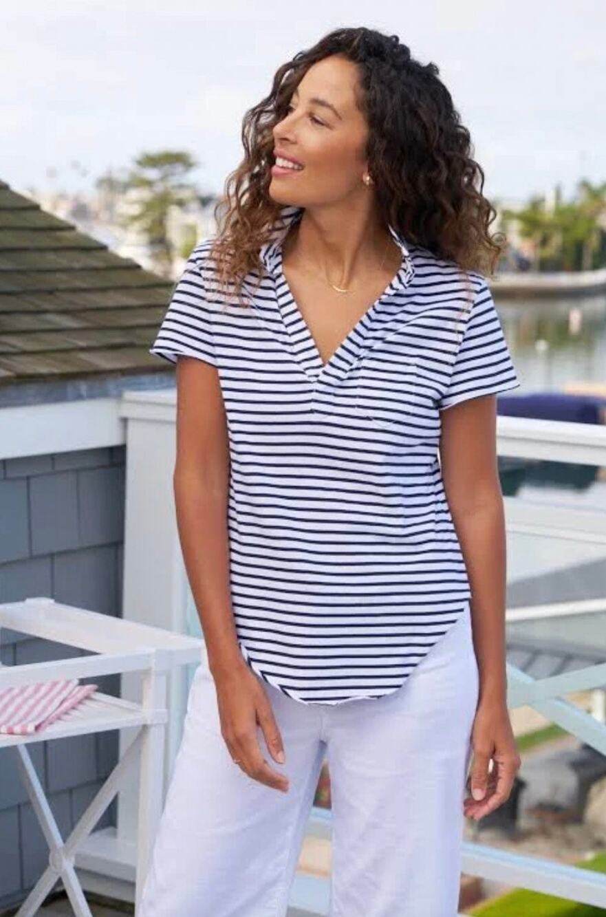 NWOT Frank & Eileen CHARLOTTE Perfect Polo Heritage Jersey Tee White Navy XS
